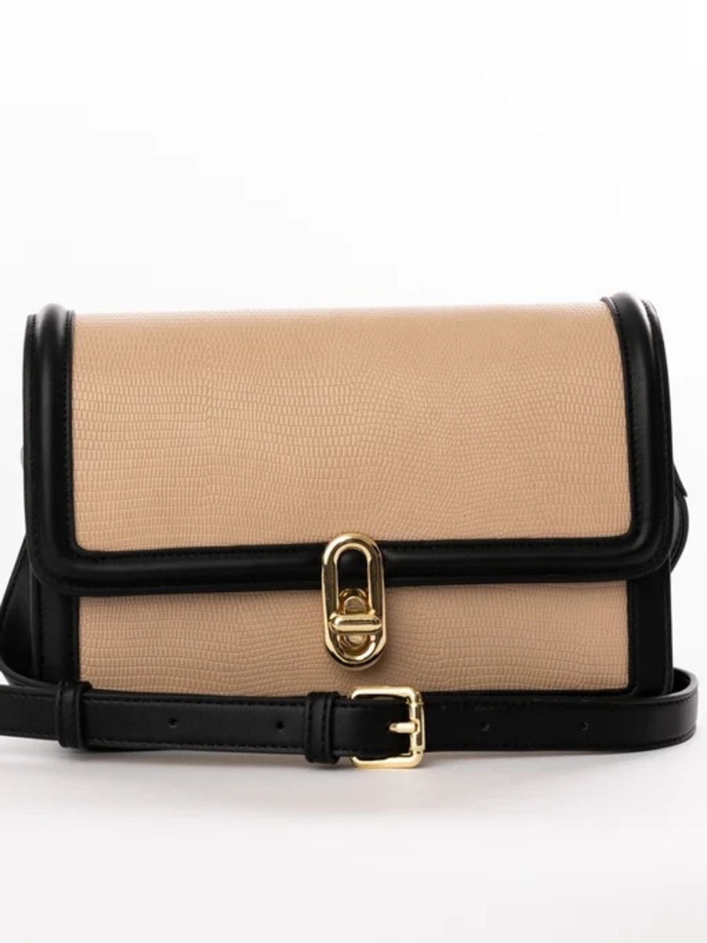 Structured Beige and Black Crossbody Bag with Gold Hardware